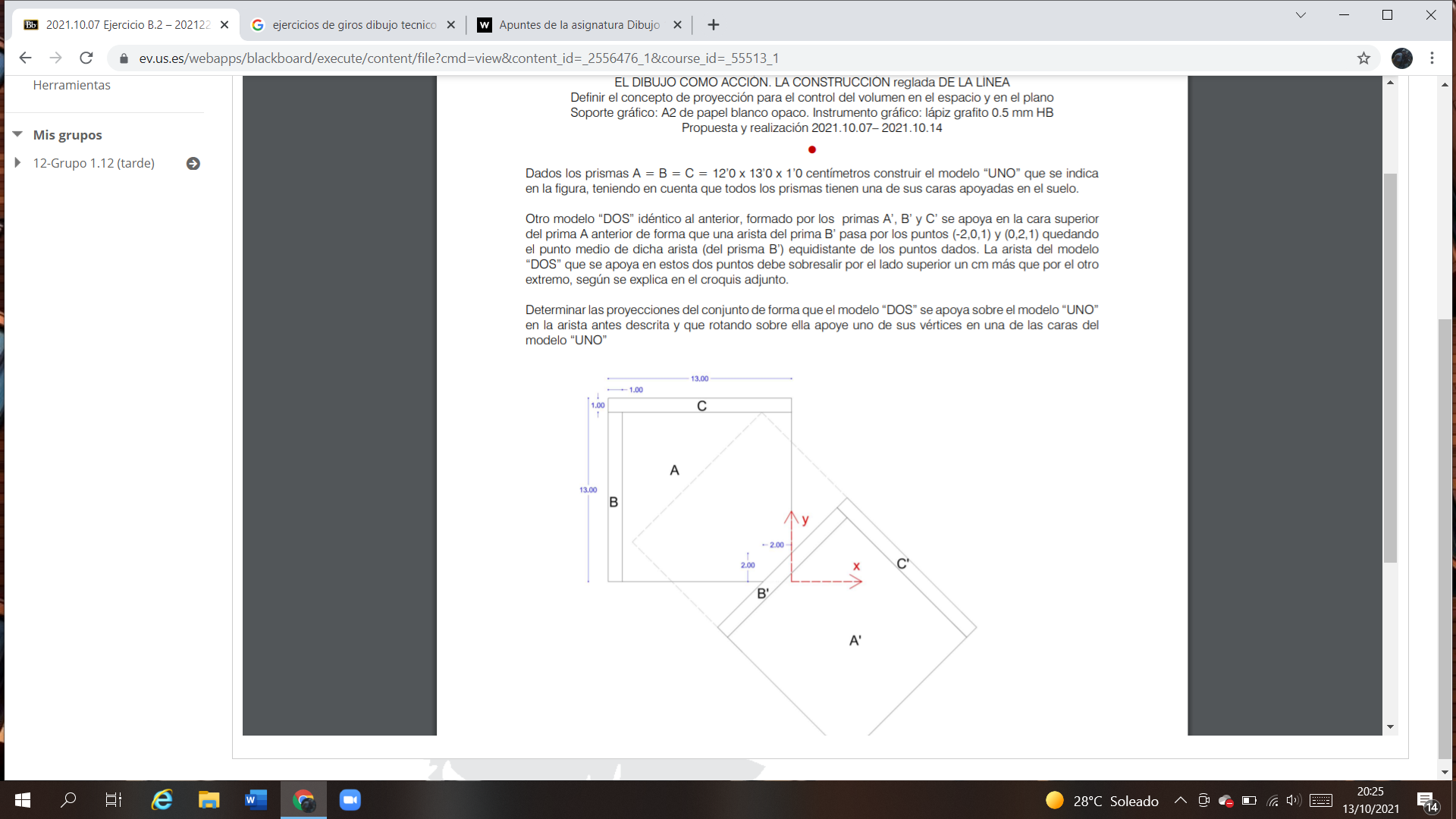 Dados los prismas A = B = C = 12’0 x 13’0 x 1’0 centímetros construir el modelo “UNO” que se indica en la figura, teniendo en cuenta que todos los prismas tienen una de sus caras apoyadas en el suelo. Otro modelo “DOS” idéntico al anterior,